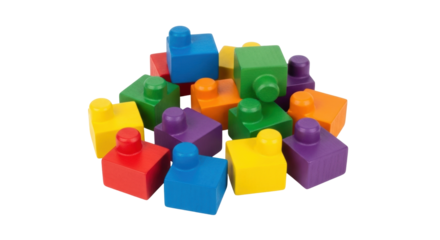 Isolated multi-colored building blocks in a pile, kids toys, learning and creative development
