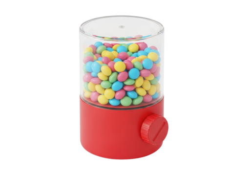 Isolated candy dispenser with sweets, filled with colorful smarties, on a solid background