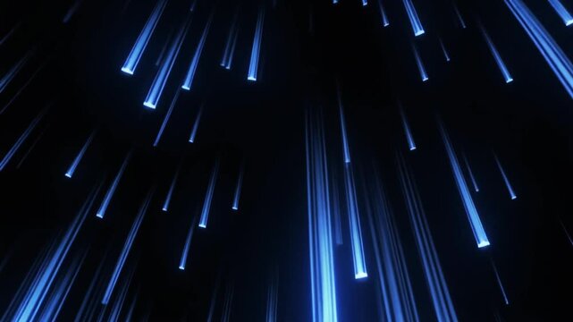 Vibrant dark blue glowing meteor effect falling fast, dramatic glow on a solid black backdro