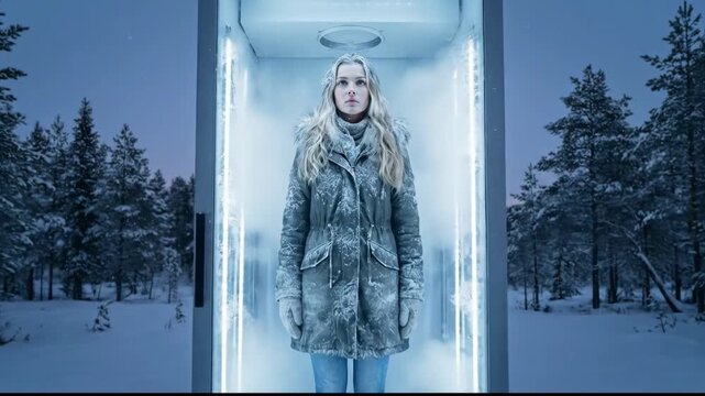 Woman standing inside a freezing cryostasis chamber with blue light, showcasing suspended animation and the concept of future technology in a cold winter forest landscape