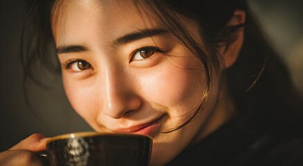 Beautiful asian woman enjoying warm tea in a traditional cup