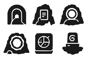 Sci-Fi Cave Icons. Solid style icons of science fiction cave themes: alien tunnel glyph, tech glow icon, portal badge. Plasma ring