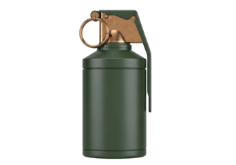 Isolated detailed olive green hand grenade with safety pin on a solid surface mockup