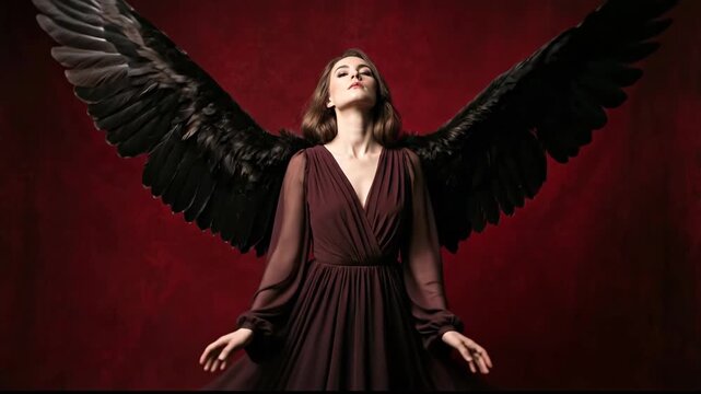 Woman portraying a fallen angel, standing with dark feathered wings, expressing sorrow and gothic fantasy against a textured red backdrop, symbolizing loss and rebellion