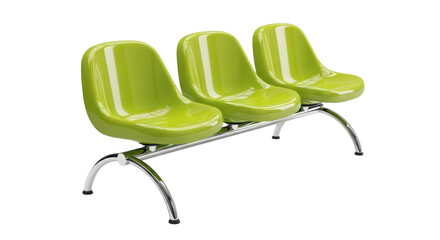 Isolated row of shiny green airport seating with chrome metal legs in waiting area