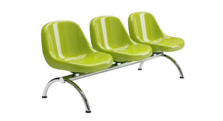 Isolated row of shiny green airport seating with chrome metal legs in waiting area
