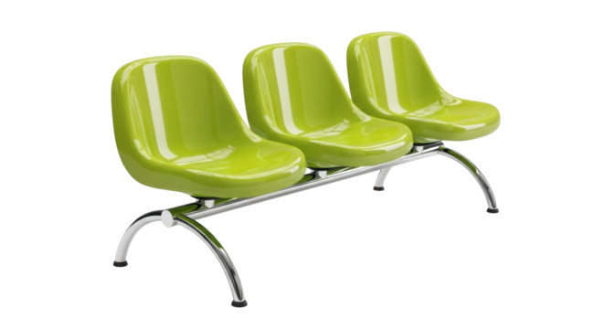 Isolated row of shiny green airport seating with chrome metal legs in waiting area - Powered by Adobe