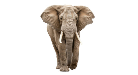 Isolated imposing African elephant strides forward with powerful presence and long tusks