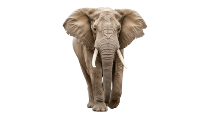 Isolated imposing African elephant strides forward with powerful presence and long tusks
