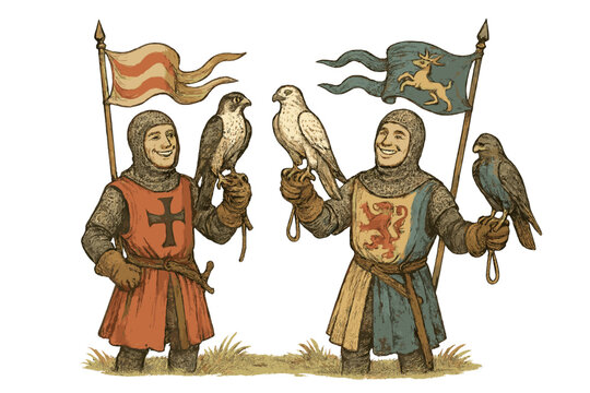 Medieval Falconry Celebration. Medieval falconry scene with smiling knights, falcons perched proudly, and banners waving in the