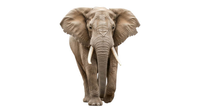 Isolated imposing African elephant strides forward with powerful presence and long tusks