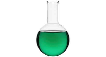 Isolated round-bottom flask containing a bright green liquid used in scientific experiments