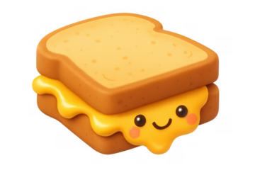 Kawaii grilled cheese character smiling with melted cheese, creating a cute food illustration concept on transparent background