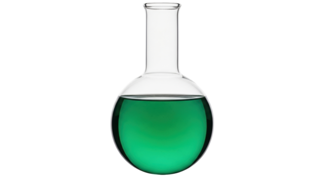 Isolated round-bottom flask containing a bright green liquid used in scientific experiments - Powered by Adobe