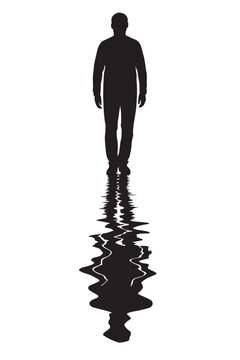 Silhouette of Man Standing with Distorted Wavy Water Reflection