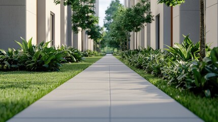 Modern Pathway Surrounded by Lush Greenery in Urban Setting