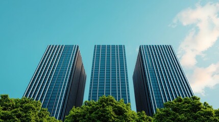 Modern Architecture with Skyscrapers Surrounded by Lush Green Trees