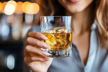 Woman holding whiskey glass with ice at a bar
