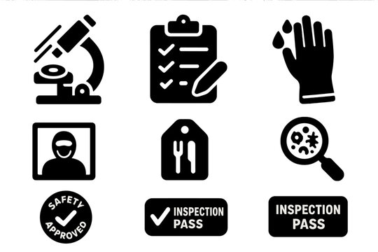Food Safety Icons. Solid style icons of food safety inspection: lab sample under UV, safety checklist, sanitized glove. Clean room