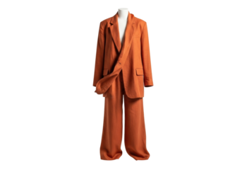 Isolated orange suit outfit with blazer jacket and pants on mannequin with no background