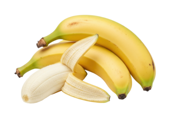 Isolated pile of ripe yellow bananas, one partly peeled, delicious and ready to eat