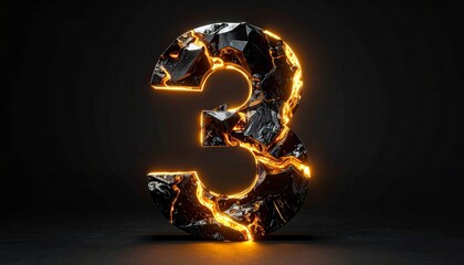 Radiant molten-gold number 3 fused with jagged black onyx fragments, glowing with inner fire and surreal energy, capturing a powerful blend of harmony, strength, and refined sculptural beauty.