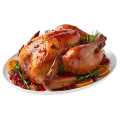 Golden Roasted Turkey with Sweet Cranberry Glaze, Garnished with Rosemary, Pecans, and Orange Slices isolated on a transparent background 