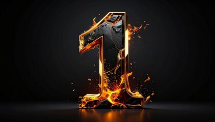 Towering molten-gold number 1 sculpted from obsidian shards, pulsing with liquid fire and glowing embers, creating a surreal fusion of elemental strength, divine precision, and luxurious craftsmanship