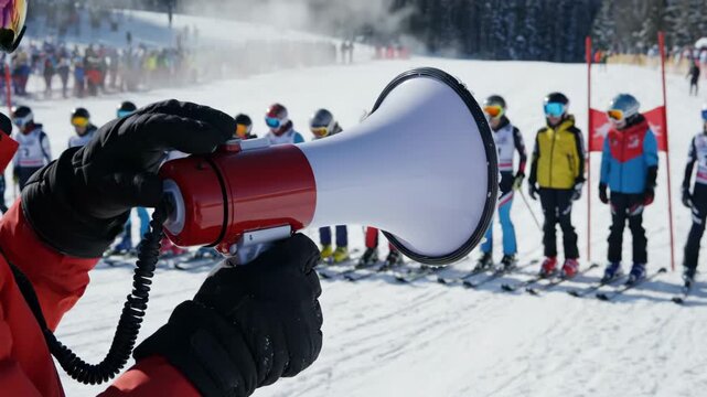 Ski instructor holding a megaphone, giving instructions to a group of children skiers wearing helmets and goggles, waiting at the starting line of a ski competition on a snowy mountain