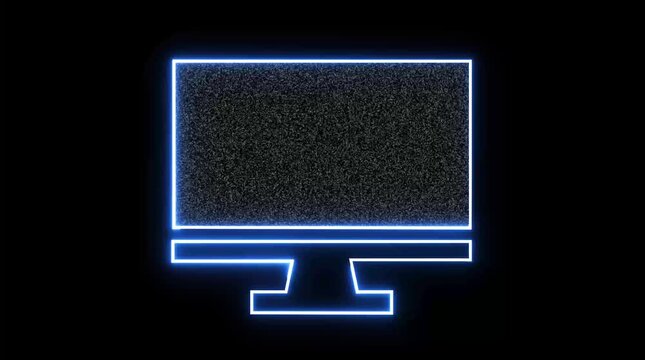 Neon outline of a computer monitor displaying static noise on a black background screen technology