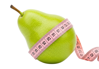 Isolated green pear with tape measure as weight control and diet concept illustration