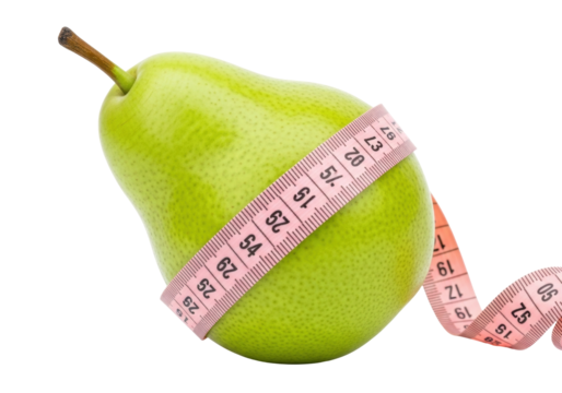 Isolated green pear with tape measure as weight control and diet concept illustration