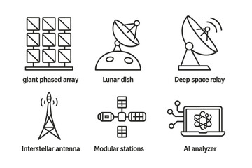 Future Astronomy Icons. Line style icons of Future Radio Astronomy: giant phased array, lunar dish, deep space relay, interstellar