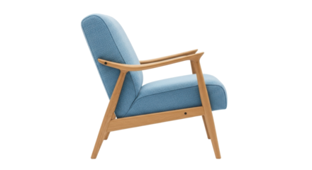 Isolated armchair with light wood frame and blue upholstery modern accent seating item