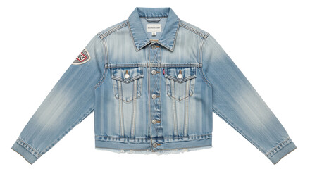 Isolated light-wash denim jacket in flat lay fashion photography, studio shot clothing item