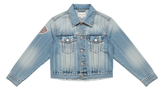 Isolated light-wash denim jacket in flat lay fashion photography, studio shot clothing item