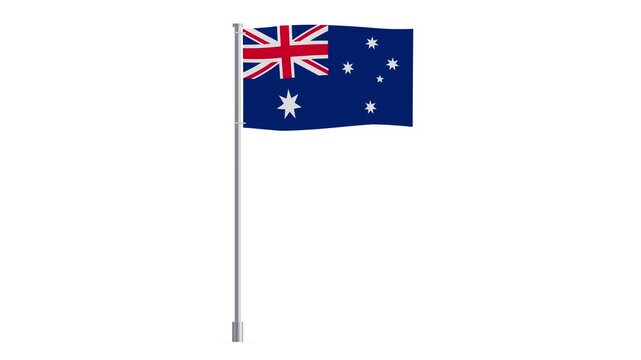 Animated design of the Australian flag on a waving white flagpole against a white background