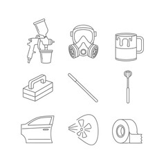 A comprehensive set of linear icons representing tools and equipment for automotive spray painting, auto body repair, and vehicle refinishing