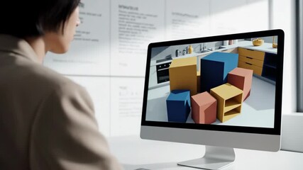 Designer working at a modern office desk, using a desktop computer to develop a 3d model of a contemporary kitchen layout with colorful block representations for cabinets and appliances