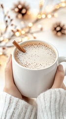 Cozy Winter Moment with Hot Coffee Under Festive Lights