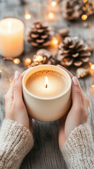 Hands Holding Hot Drink with Winter Glow and Lights
