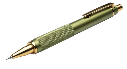 Isolated olive green mechanical pencil, golden accents, pocket clip, metal drafting tool