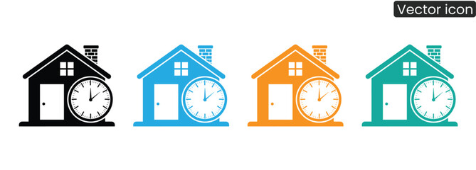 Colorful houses with clocks represent real estate time management, punctual appointments, deadlines for buying, selling, moving, or renting. A visual for efficiency.