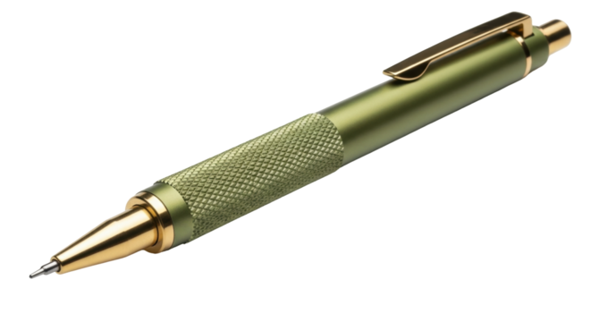 Isolated olive green mechanical pencil, golden accents, pocket clip, metal drafting tool