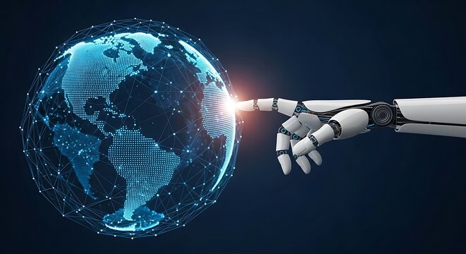 A futuristic, white robotic hand reaches out and touches a glowing, interconnected blue sphere representing the Earth, symbolizing global connection, artificial intelligence, and the future of technol