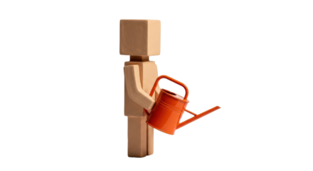 Isolated figurine with a watering can, simple character holding an orange garden tool