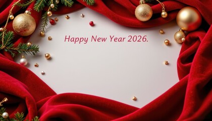 A 2026 Happy New Year postcard with space for your message, decorated with luxurious red velvet, soft lighting, gold metallic accents and luxurious materials that convey warmth.