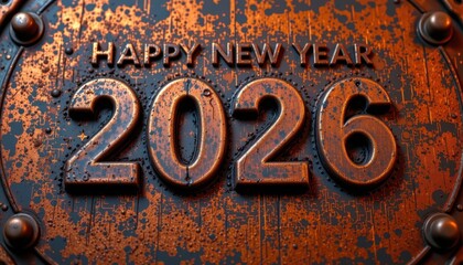 a happy new year 2026 card postcard with copy space designed with industrial copper and iron color tones, textured metal surfaces, riveted details.
