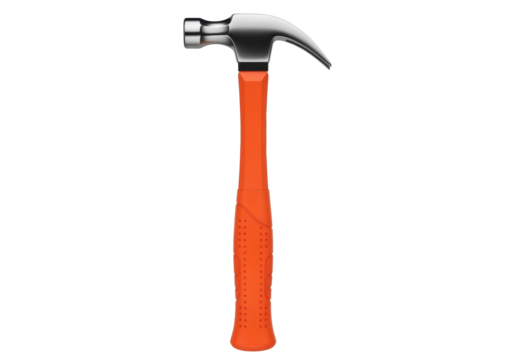 Isolated chrome claw hammer with orange handle. Carpentry, construction tool, close up