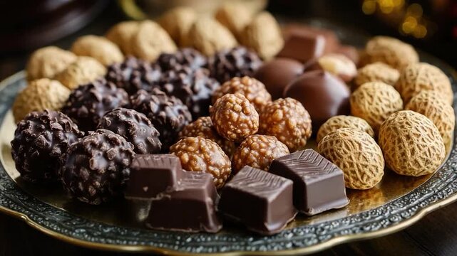 Video A plate of assorted chocolates and nuts on a wooden table, perfect for snacking or gift-giving